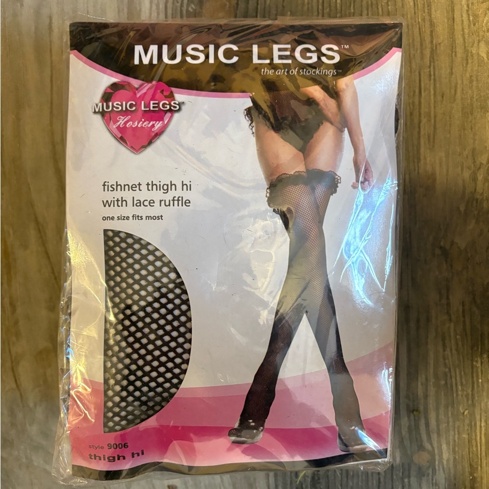 Music Legs Black Fishnet Thigh Highs with Lace Ruffle
